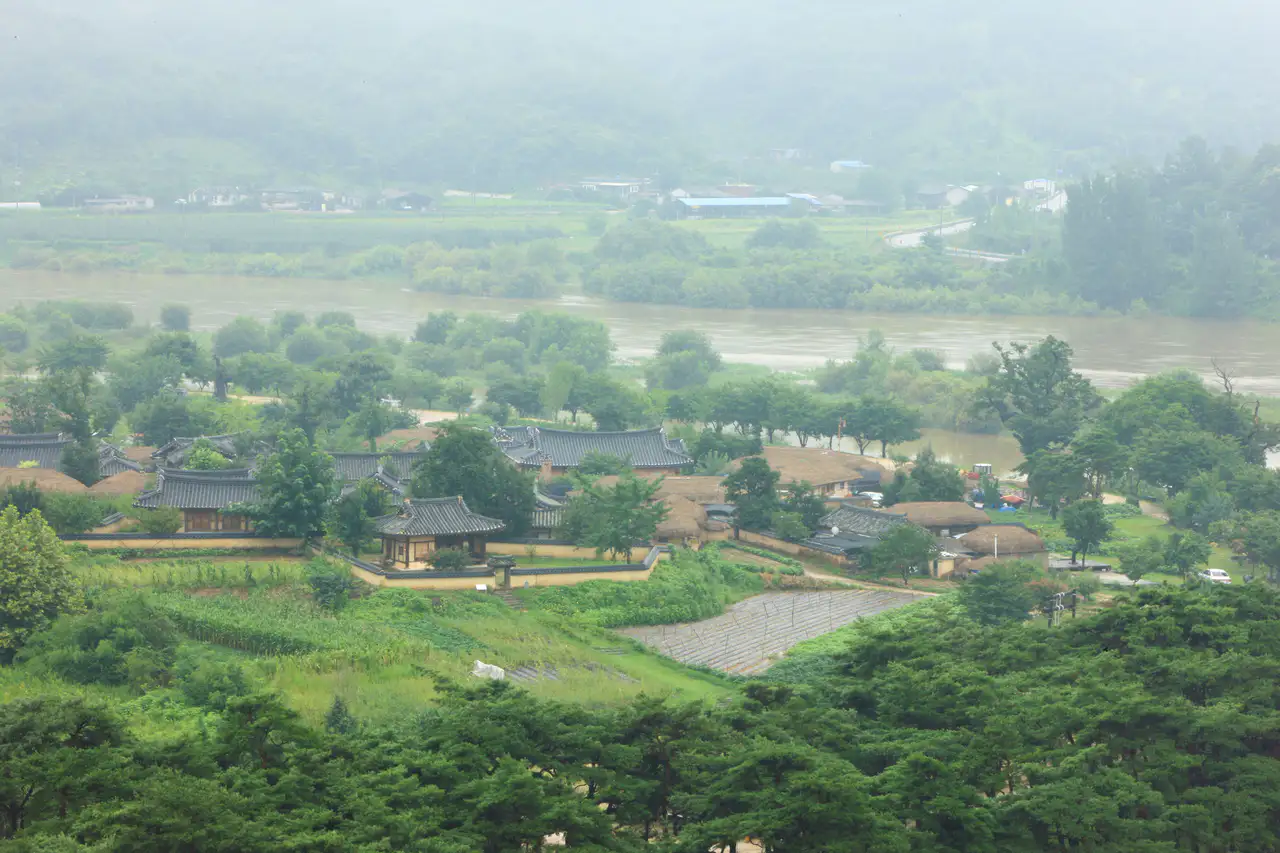 A misty view of tile-roofed houses and thatched roofs in a village beside the Nakdong River