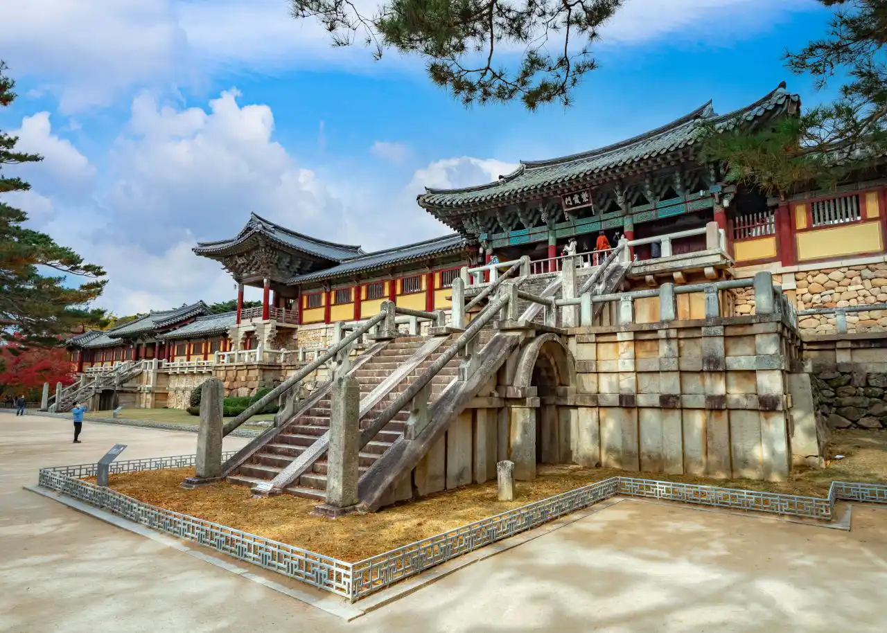 The stone stairways Cheongungyo and Baegungyo rising to Jahamun gate on Bulguksa’s great stone terrace