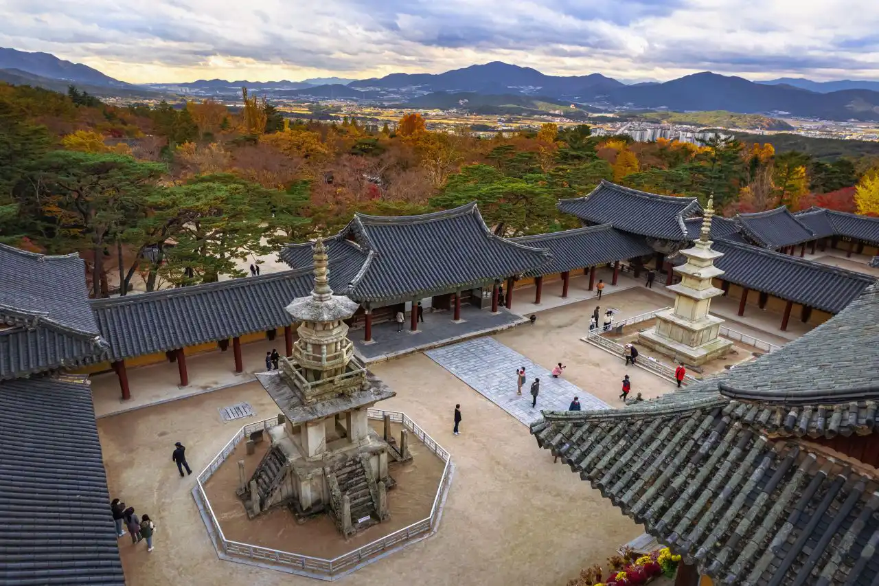 Dabotap and Seokgatap pagodas facing each other in the courtyard before the main hall, seen from above