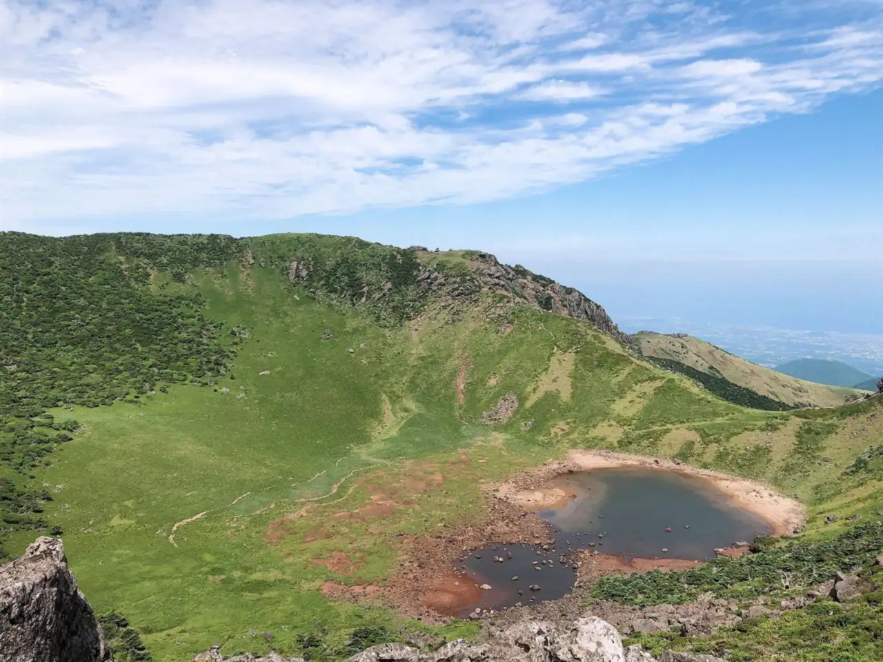Baengnokdam, the grassy summit crater of Hallasan, with a small pool of water at its floor