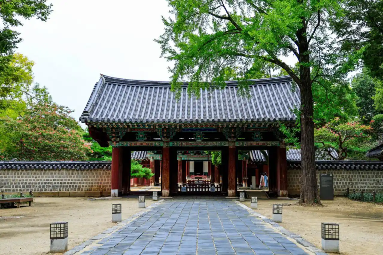 숲 사이 넓은 돌길 끝에 붉은 기둥의 기와 문이 서 있다