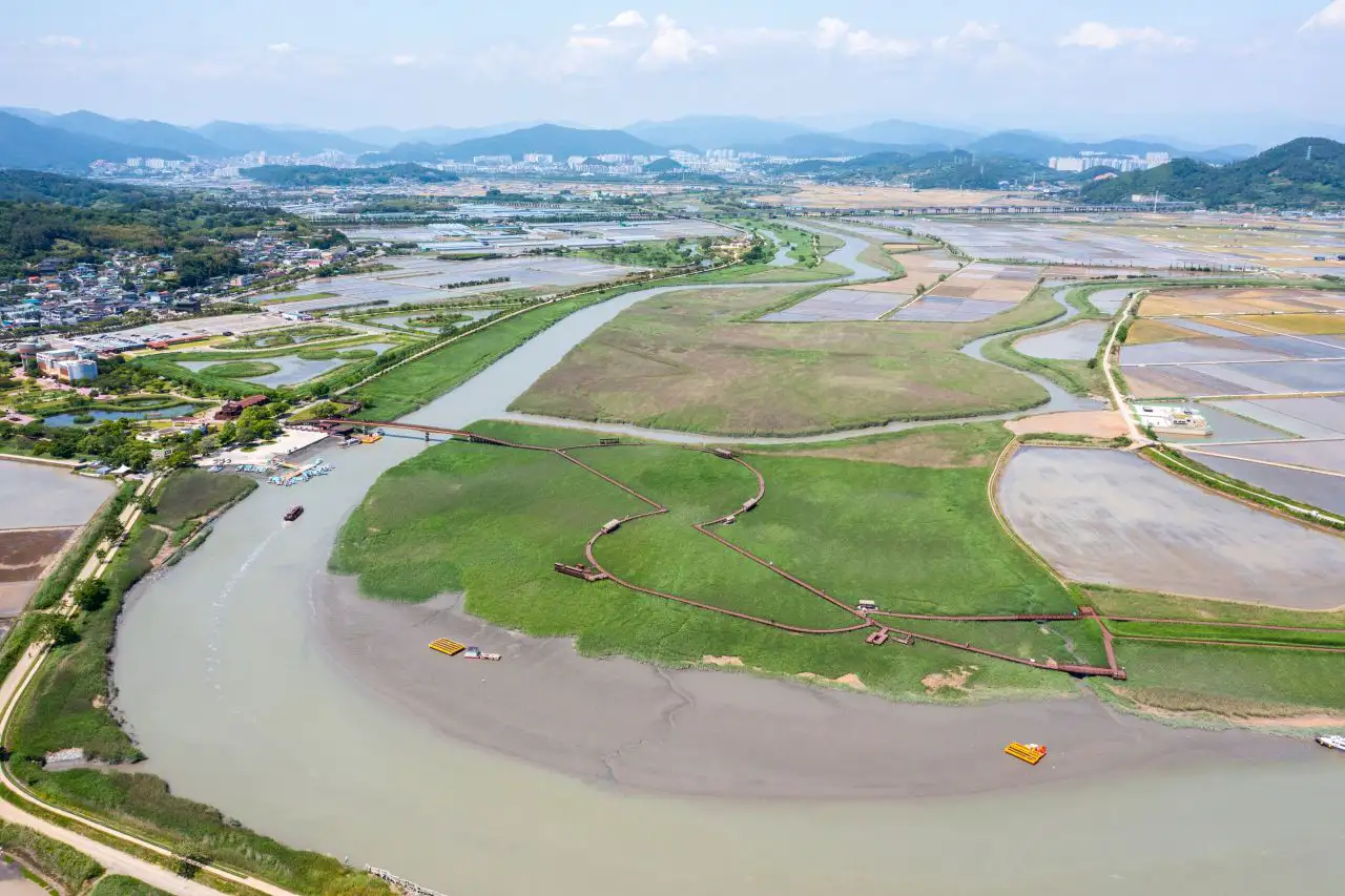 Aerial view of green reed beds and a red wooden boardwalk beside a winding channel at Suncheonman Bay Wetland, with the city and hills beyond