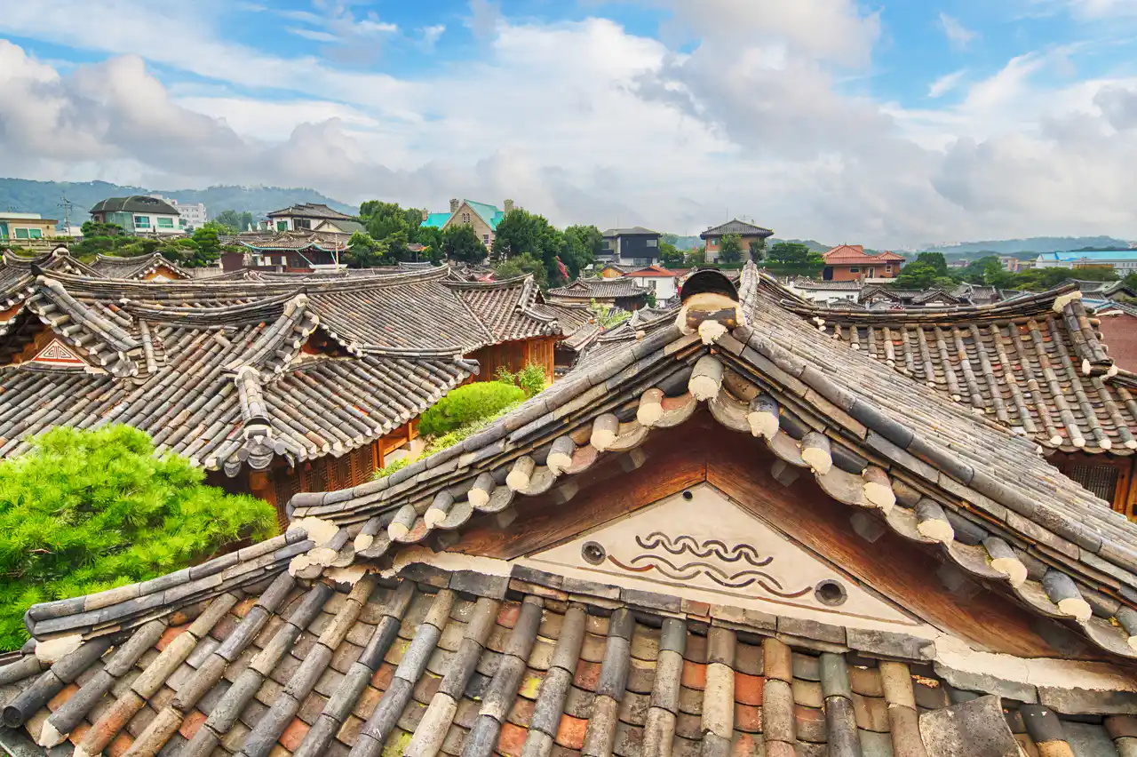 Tiled hanok roofs rolling over the hill in Bukchon
