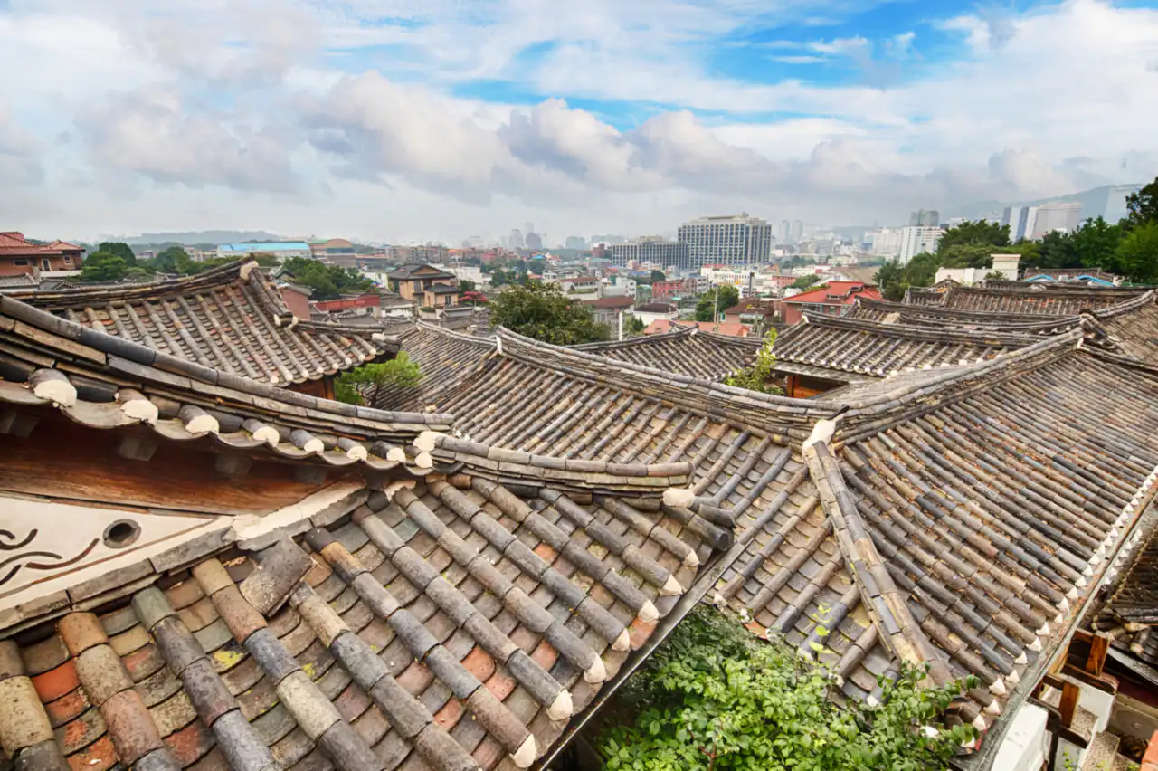 Bukchon hanok roofs clustered along the hillside