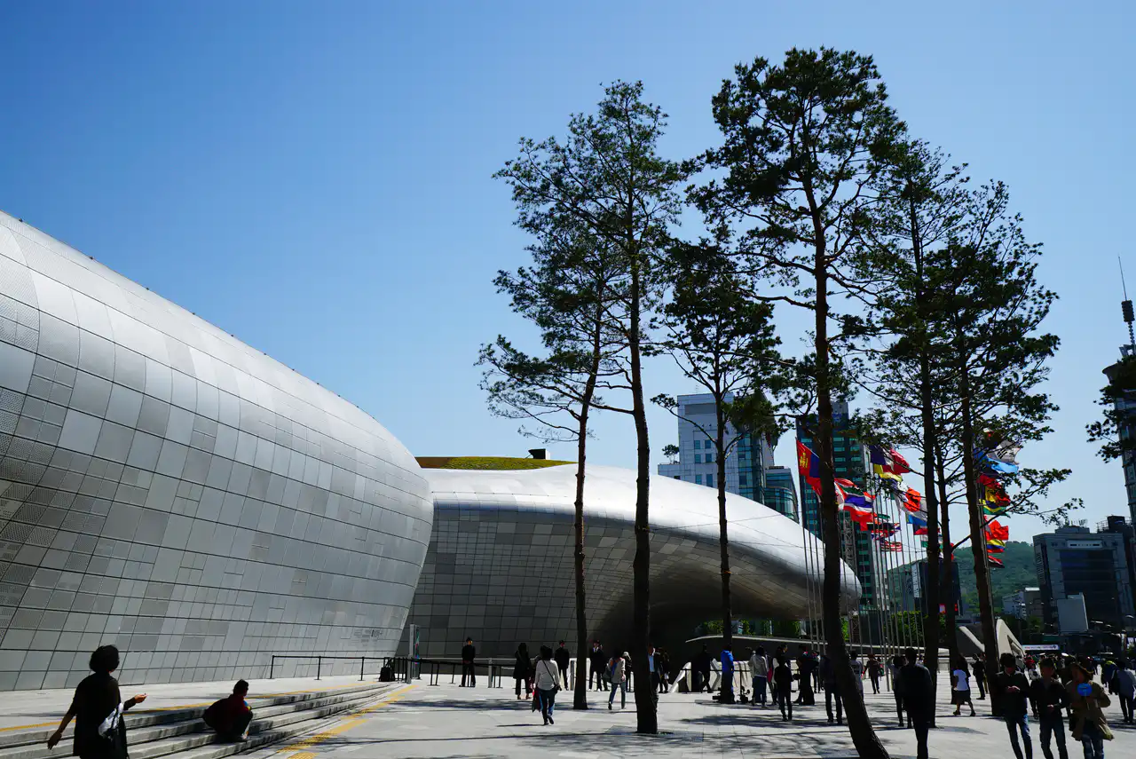 Tall pines in front of the flowing outer wall of DDP
